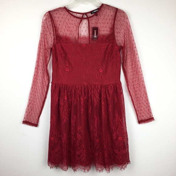 Express Lace Long Sleeve Fit & Flare Skater Dress - Picture 4 of 8